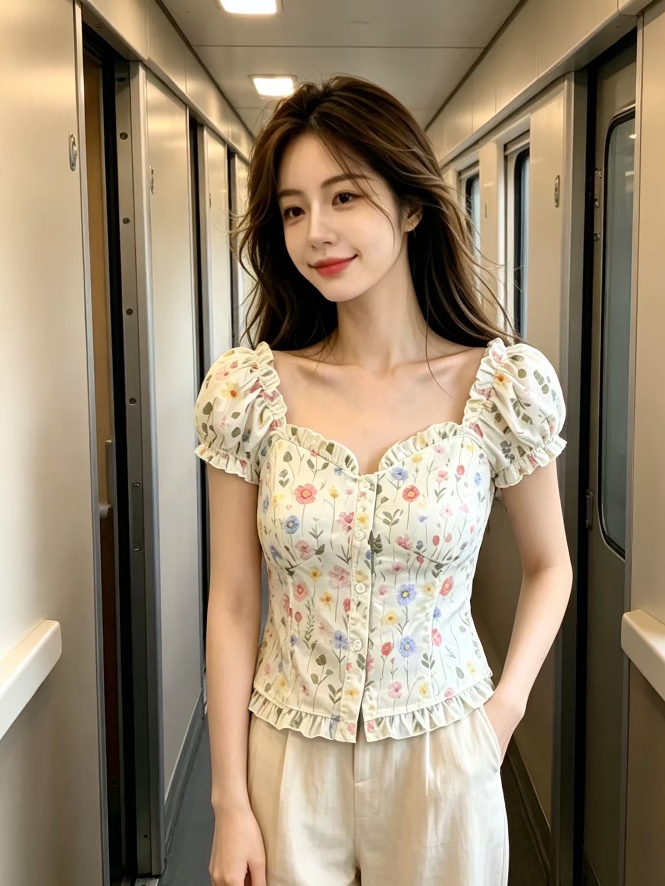 도파민 꽃무늬 거품 소매 맨위 여성
