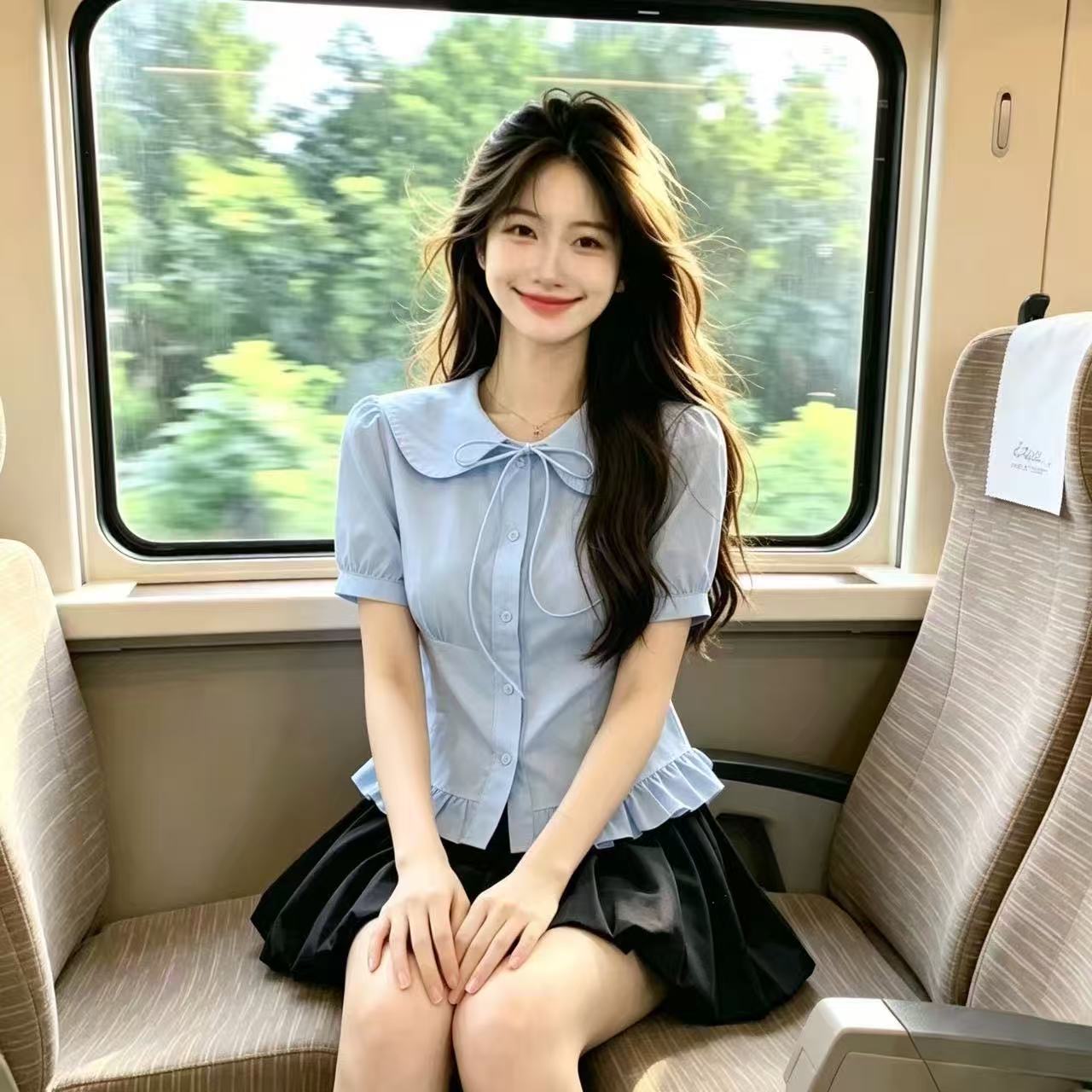 베이비 칼라 파란색 셔츠 맨위 여성
