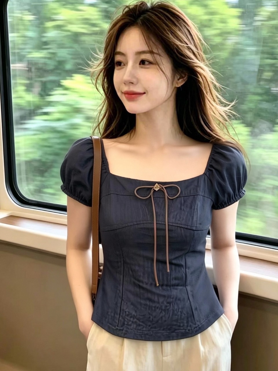 해군 광장 칼라 거품 소매 맨위 여성