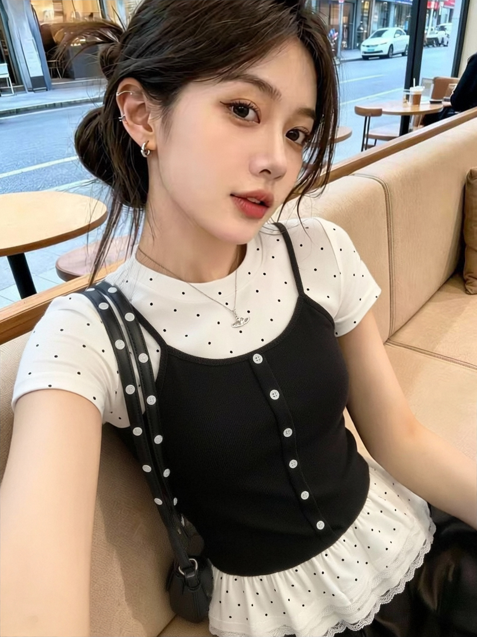 도트 무늬 페이크 레이어드 맨위 여성