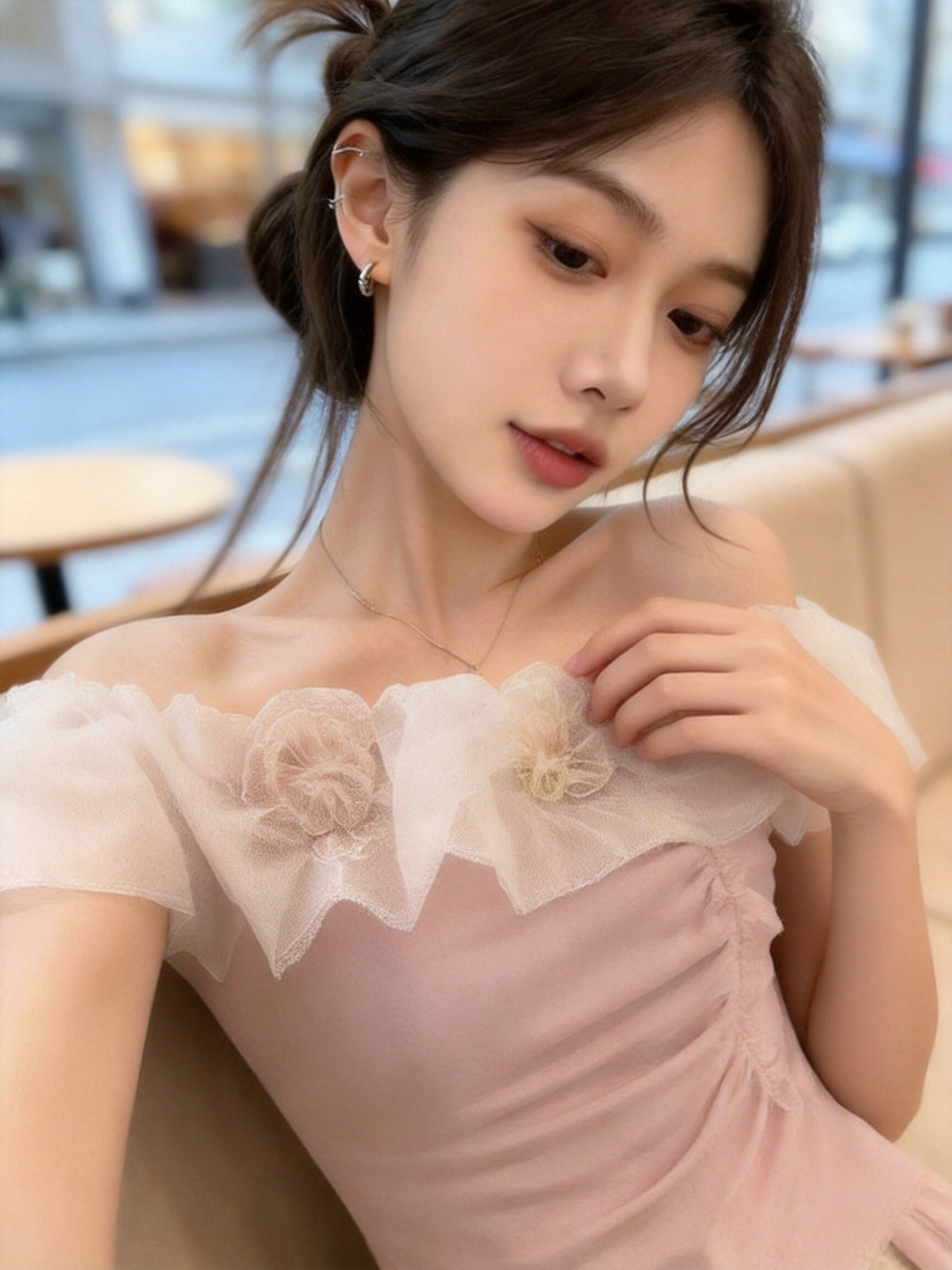 오프숄더 3 차원 꽃 불규칙 맨위 여성