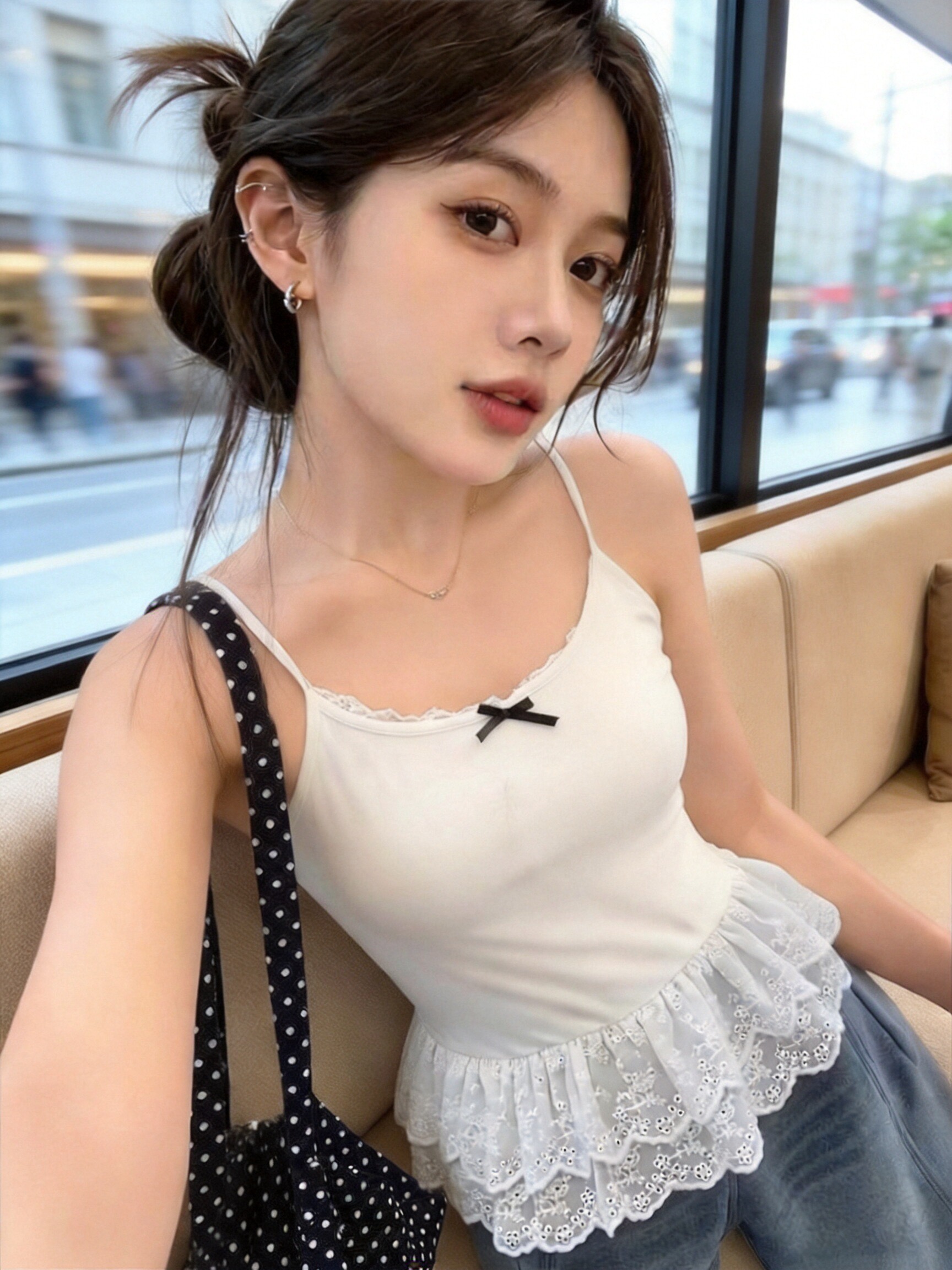 화이트 레이스 캐미솔 맨위 여성