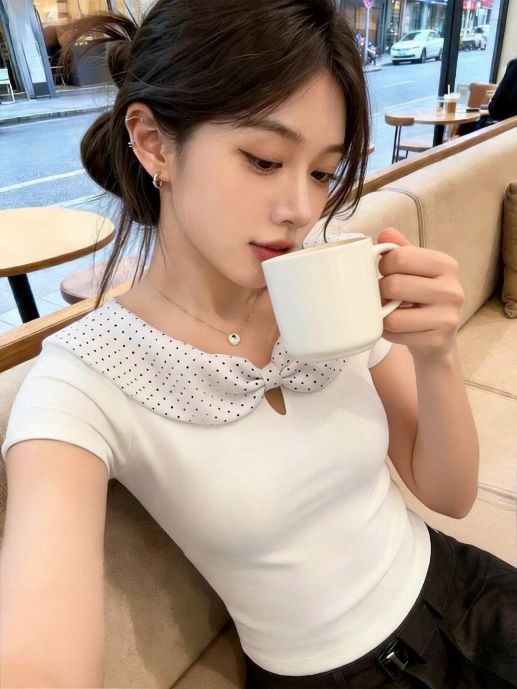 도트 무늬 화이트 베이비 칼라 맨위 여성
