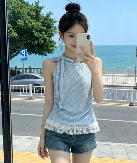 레이스 조각 체크무늬 민소매 셔츠 맨위 여성