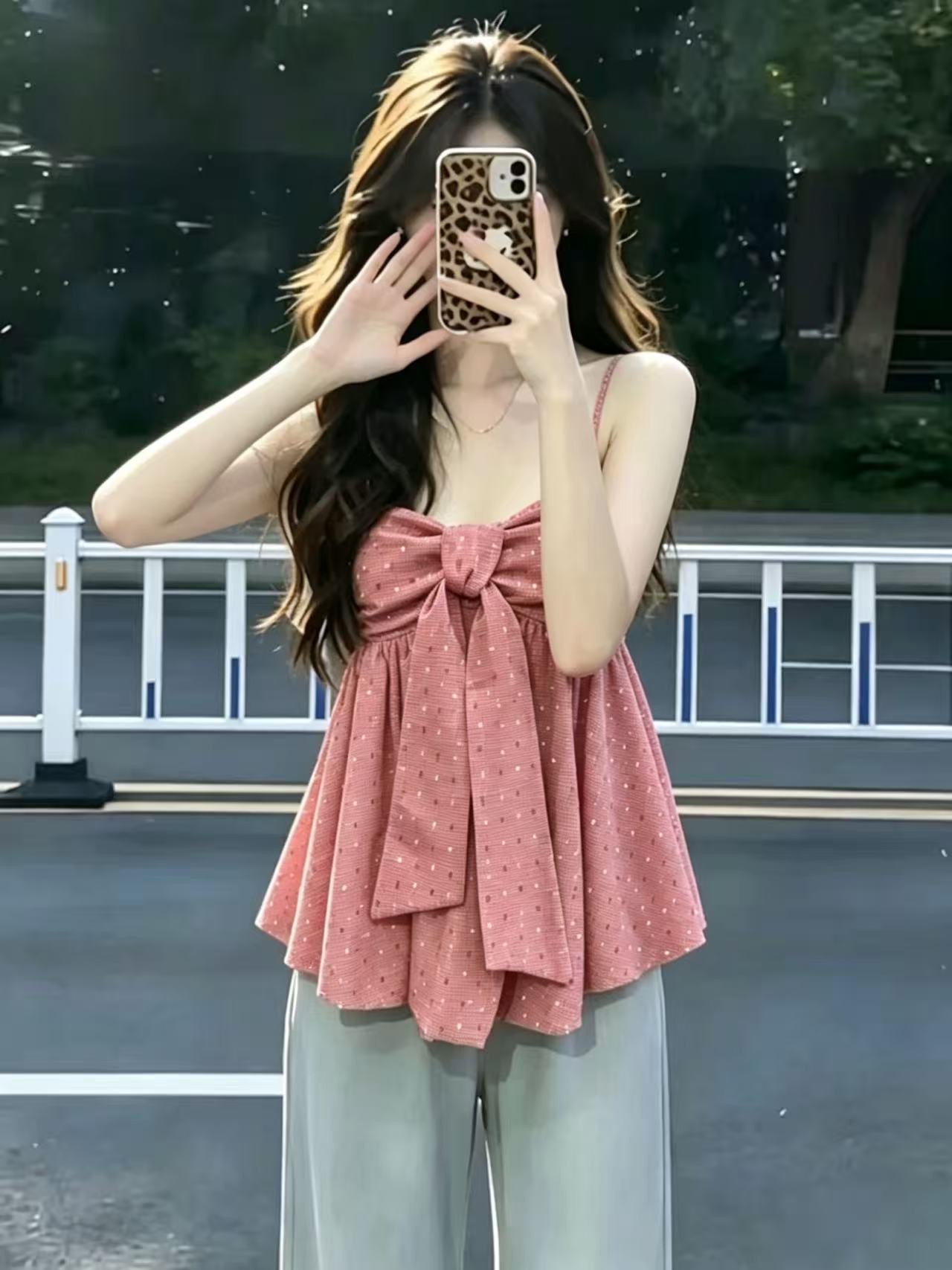도트 무늬 나비 매듭 슬립 맨위 여성