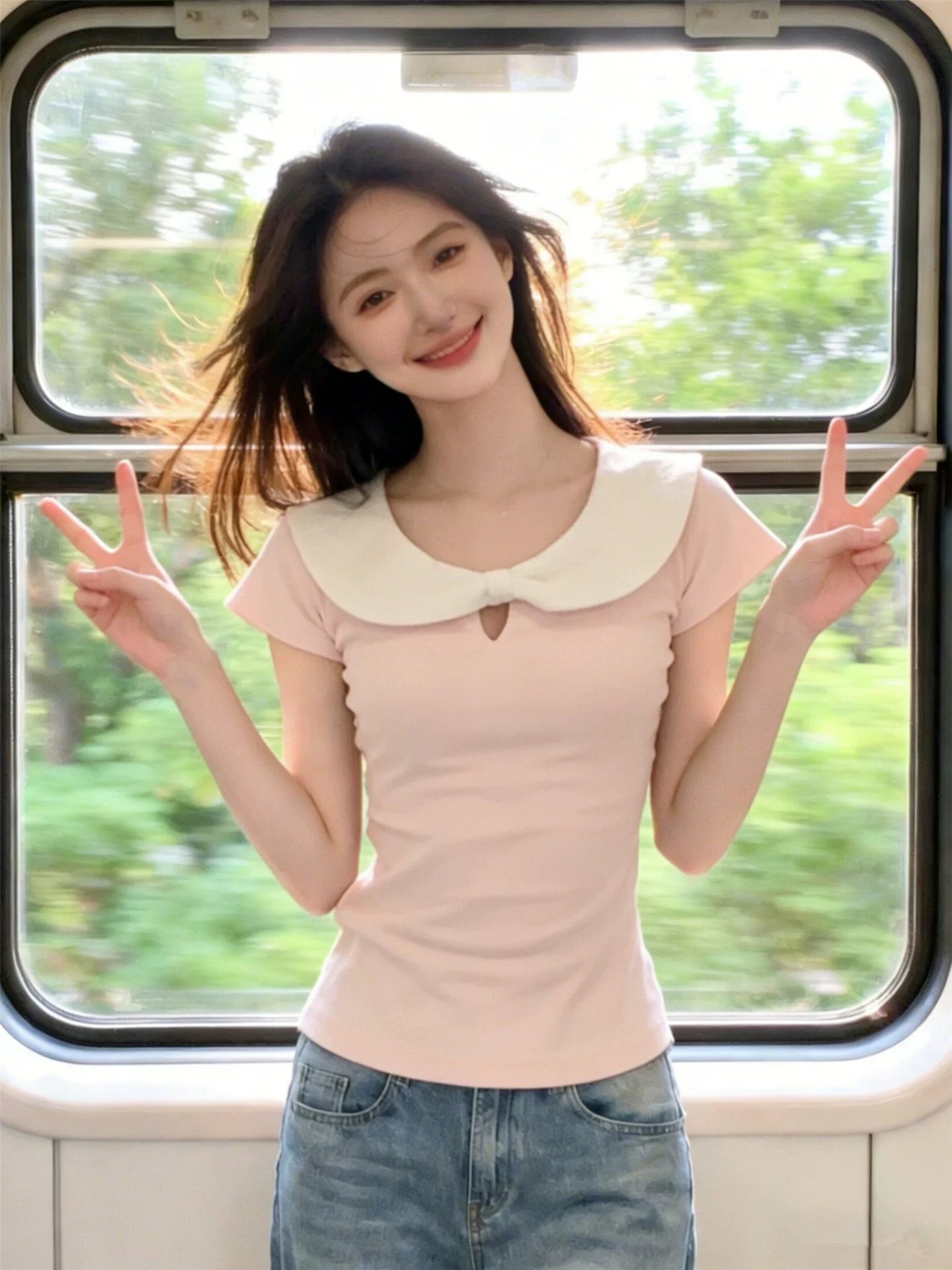 핑크색 베이비 칼라 쇼트 스타일 맨위 여성