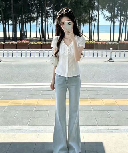 프릴 V 넥 셔츠 맨위 여성