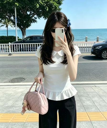 베이비 칼라 패치워크 쇼트 스타일 맨위 여성