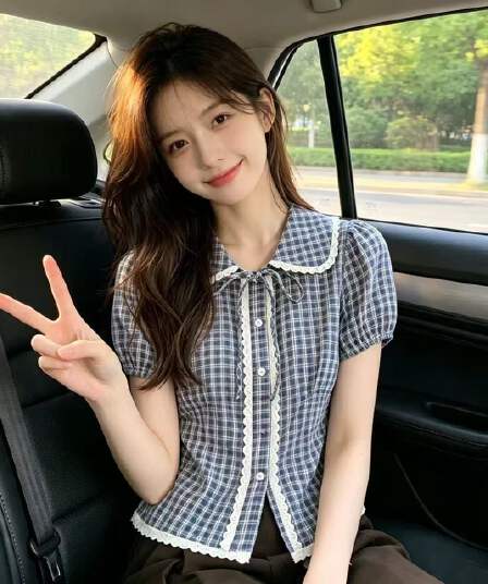 레이스 베이비 칼라 격자 무늬 셔츠 맨위 여성