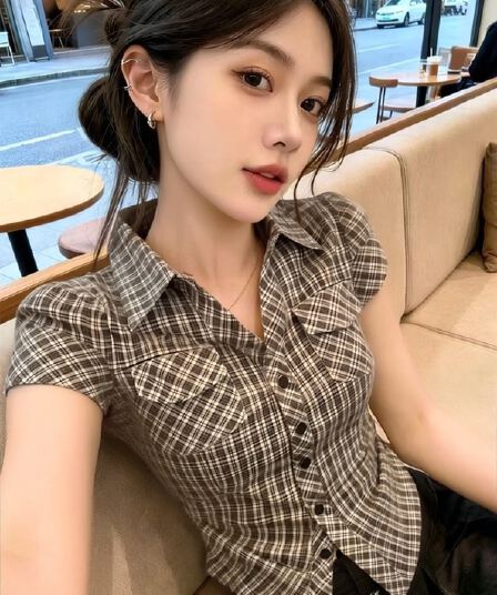 체크무늬 폴로 칼라 셔츠 맨위 여성
