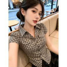 批发格子翻领衬衫上衣女