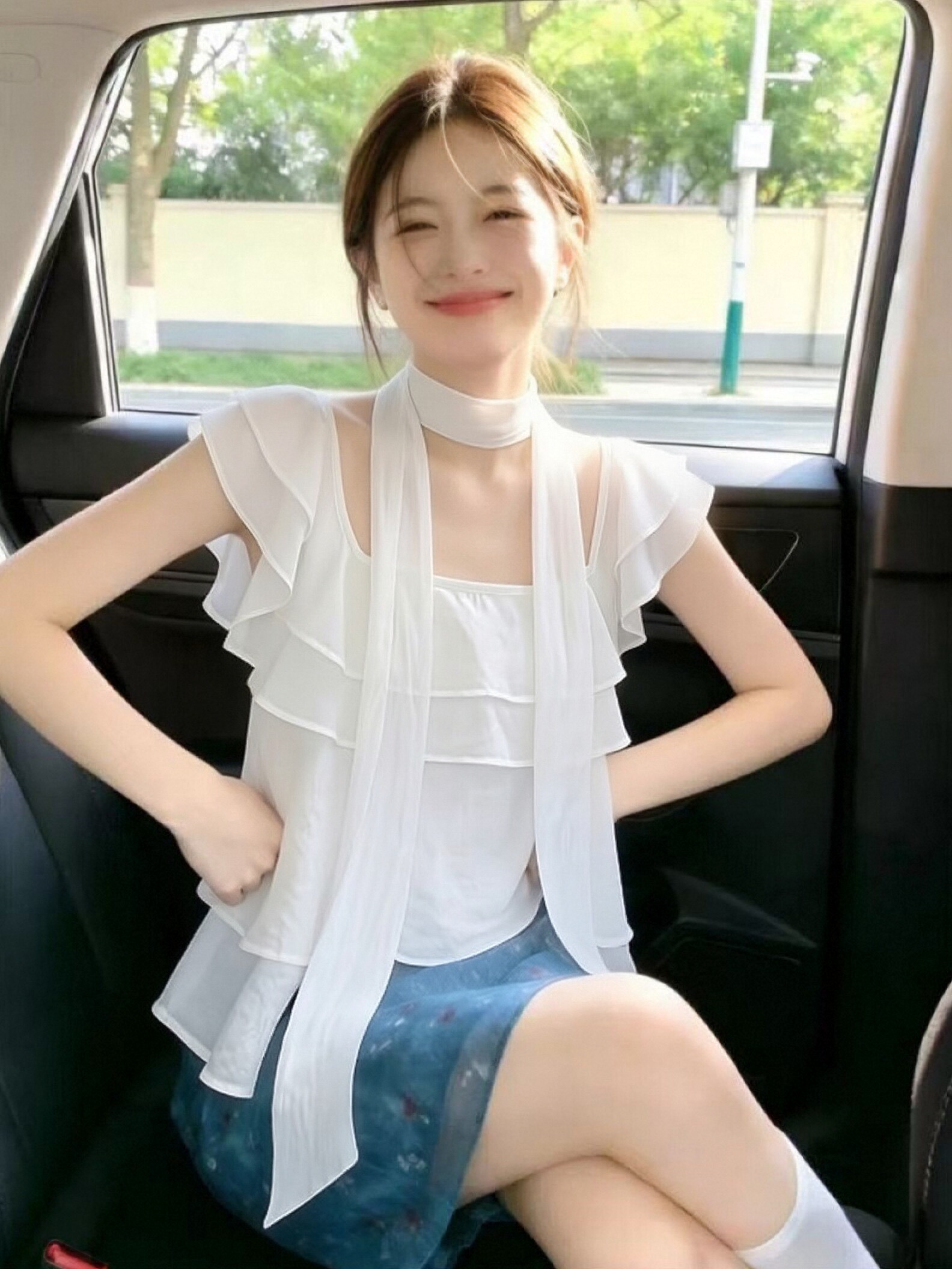 프릴 광장 칼라 작은 날다 소매 셔츠 맨위 여성