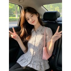 批发荷叶边泡泡袖彩色波点衬衫上衣女