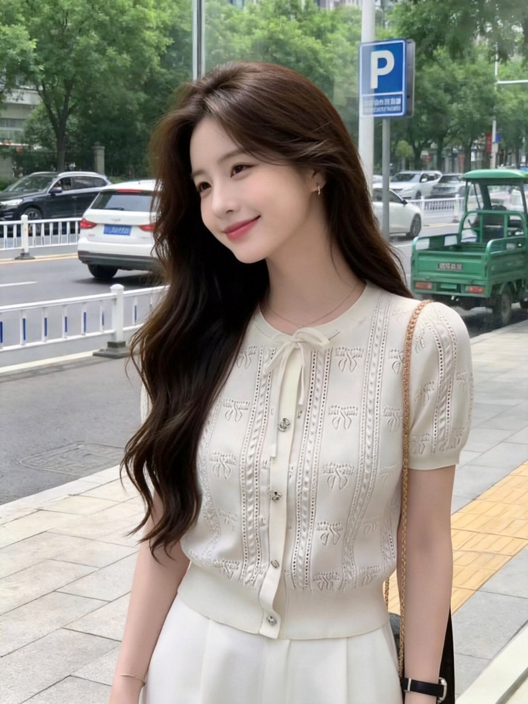 나비 매듭 반팔 니트 스웨터 맨위 여성