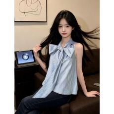 批发蓝色条纹蝴蝶结绑带<b class='q'>衬衫</b>上衣女