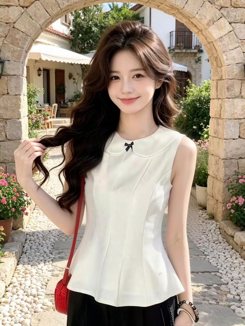 화이트 베이비 칼라 조끼 셔츠 맨위 여성