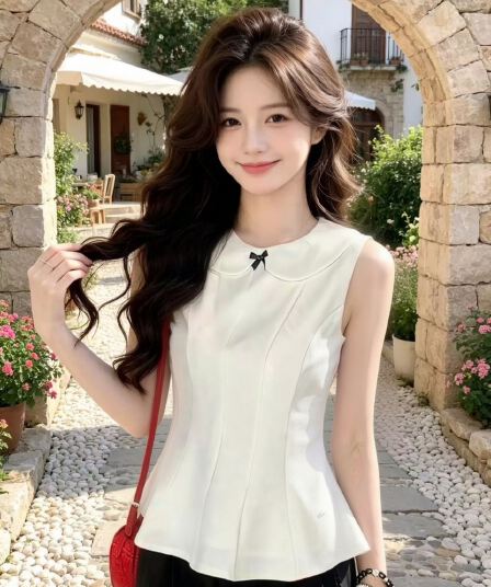 화이트 베이비 칼라 조끼 셔츠 맨위 여성