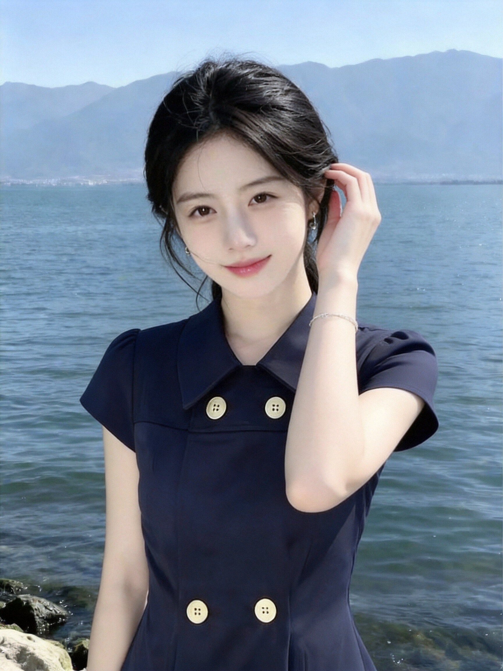 베이비 칼라 이중 버튼 셔츠 맨위 여성