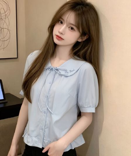베이비 칼라 나비 매듭 셔츠 맨위 여성