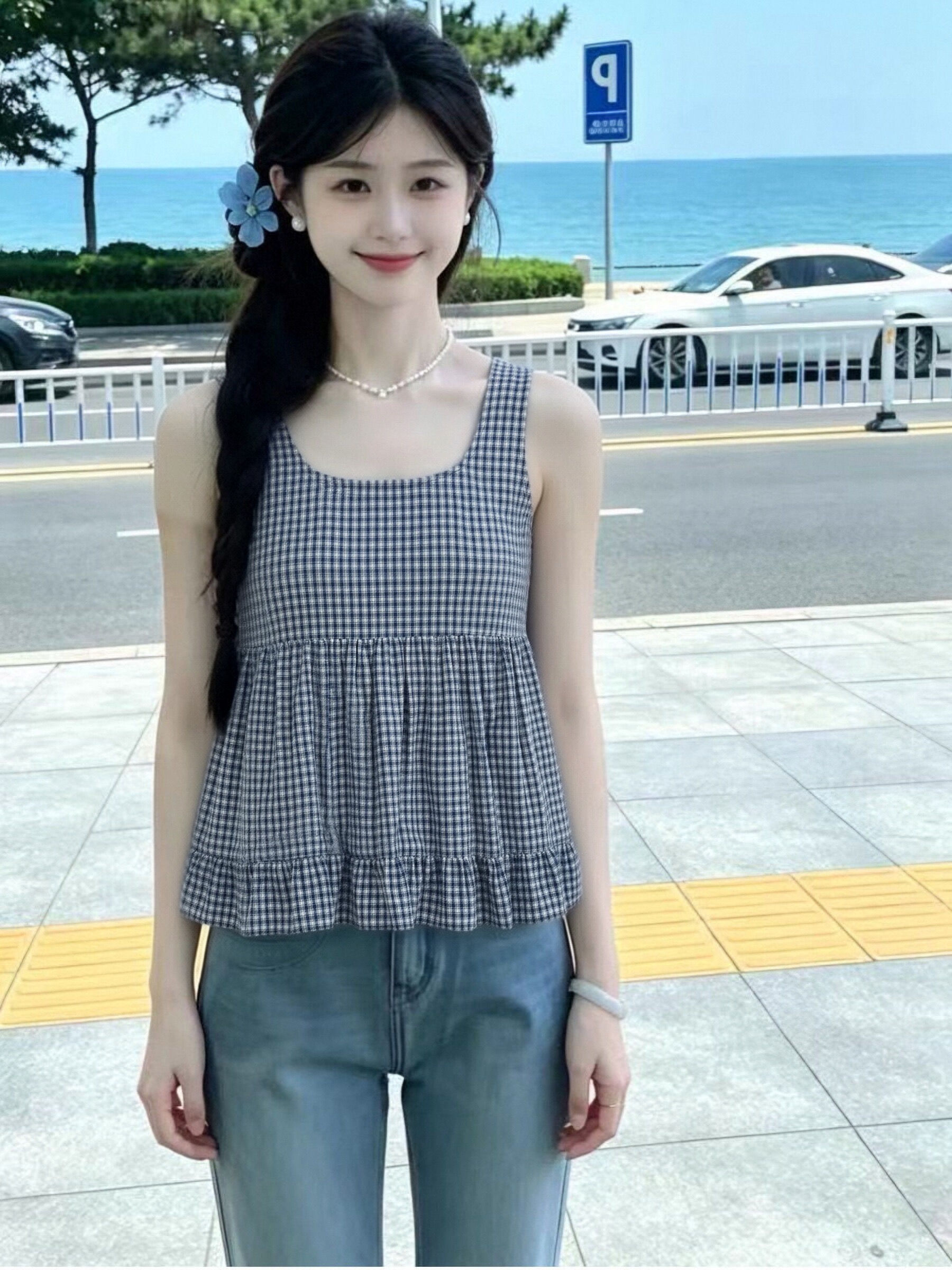 레트로 그리드 패치워크 프릴 셔츠 맨위 여성