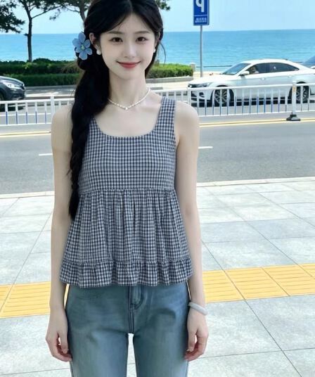 레트로 그리드 패치워크 프릴 셔츠 맨위 여성