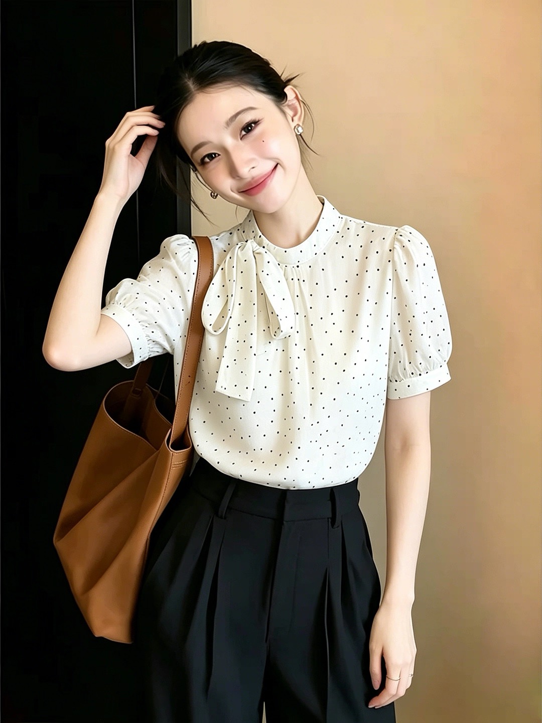 쉬폰 도트 무늬 나비 셔츠 맨위 여성