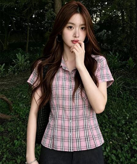 레트로 패치워크 배색 체크무늬 자외선 차단 셔츠 맨위 여성