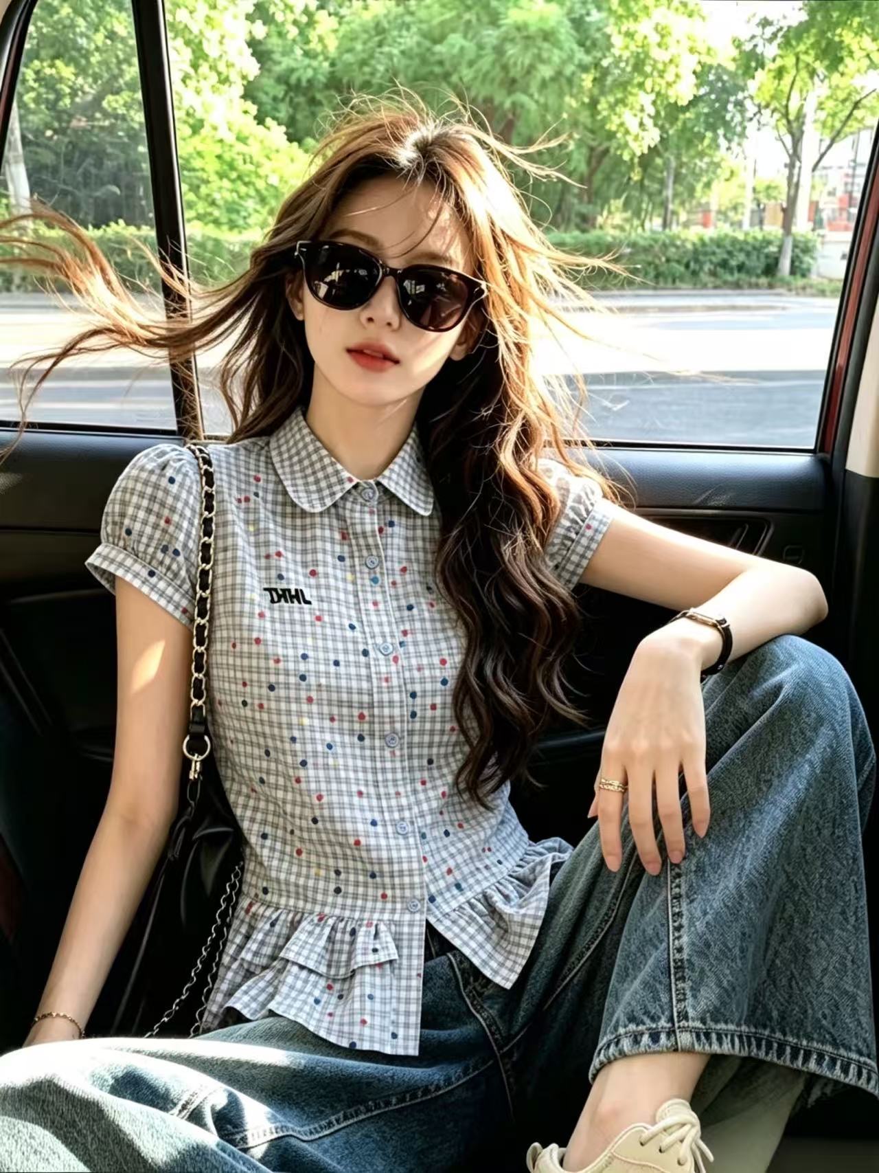 바람 도트 무늬 체크무늬 버블 셔츠 맨위 여성