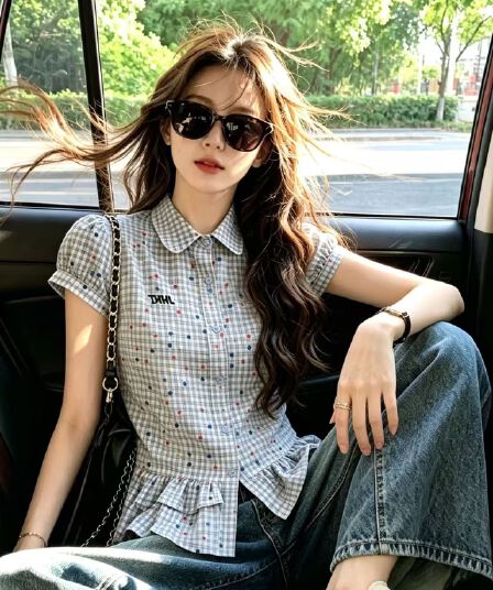 바람 도트 무늬 체크무늬 버블 셔츠 맨위 여성