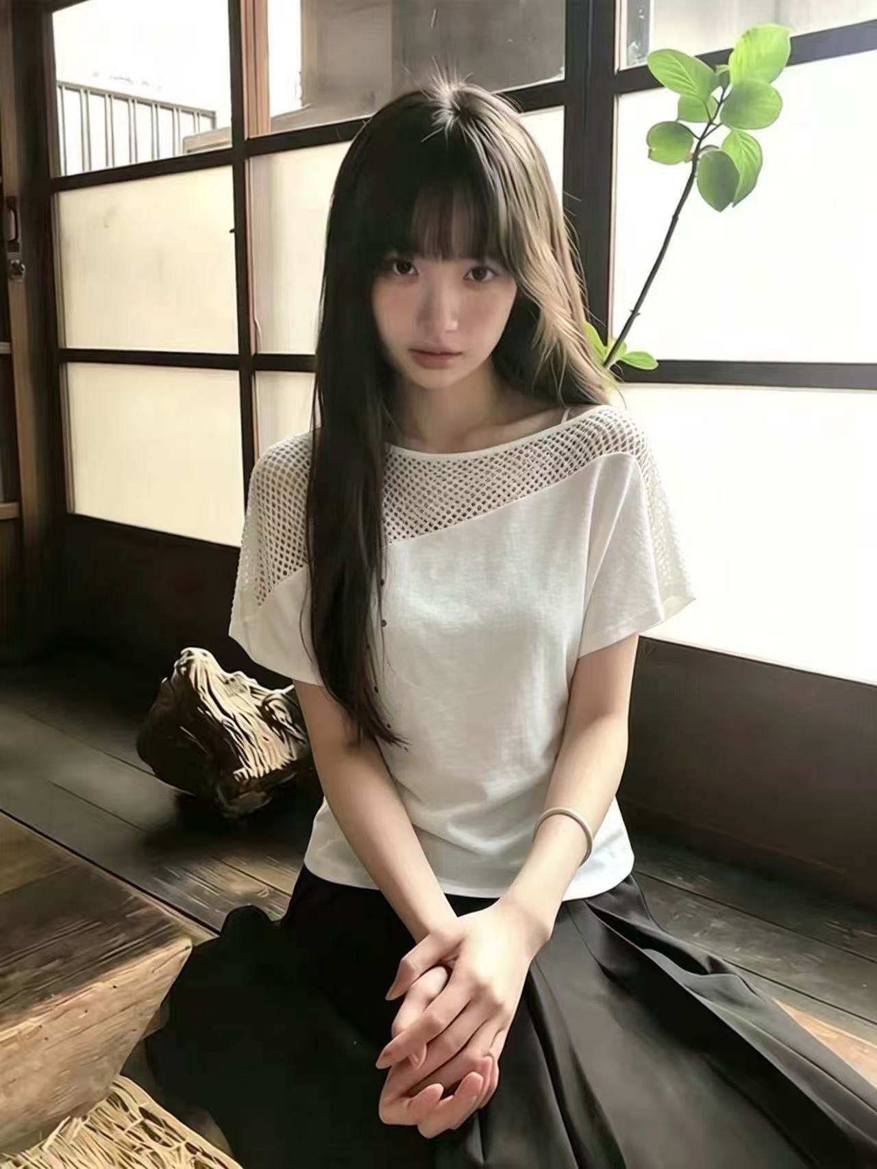 홀로우 아웃 패치워크 비스듬한 어깨 허리 수축 니트 맨위 여성
