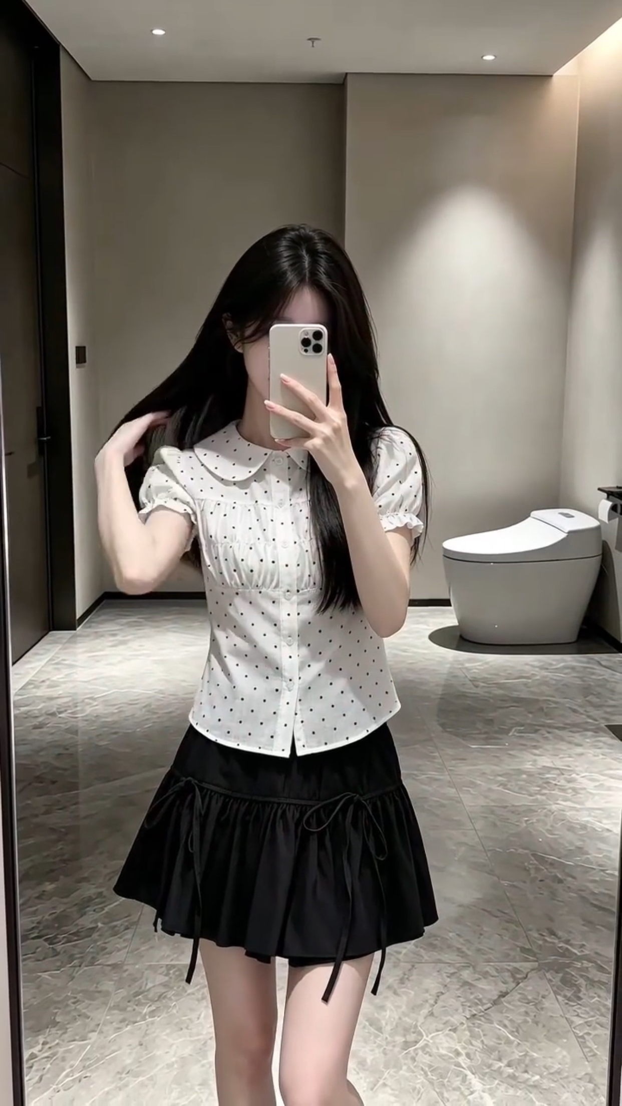 폴로 칼라 거품 소매 도트 무늬 셔츠 맨위 여성
