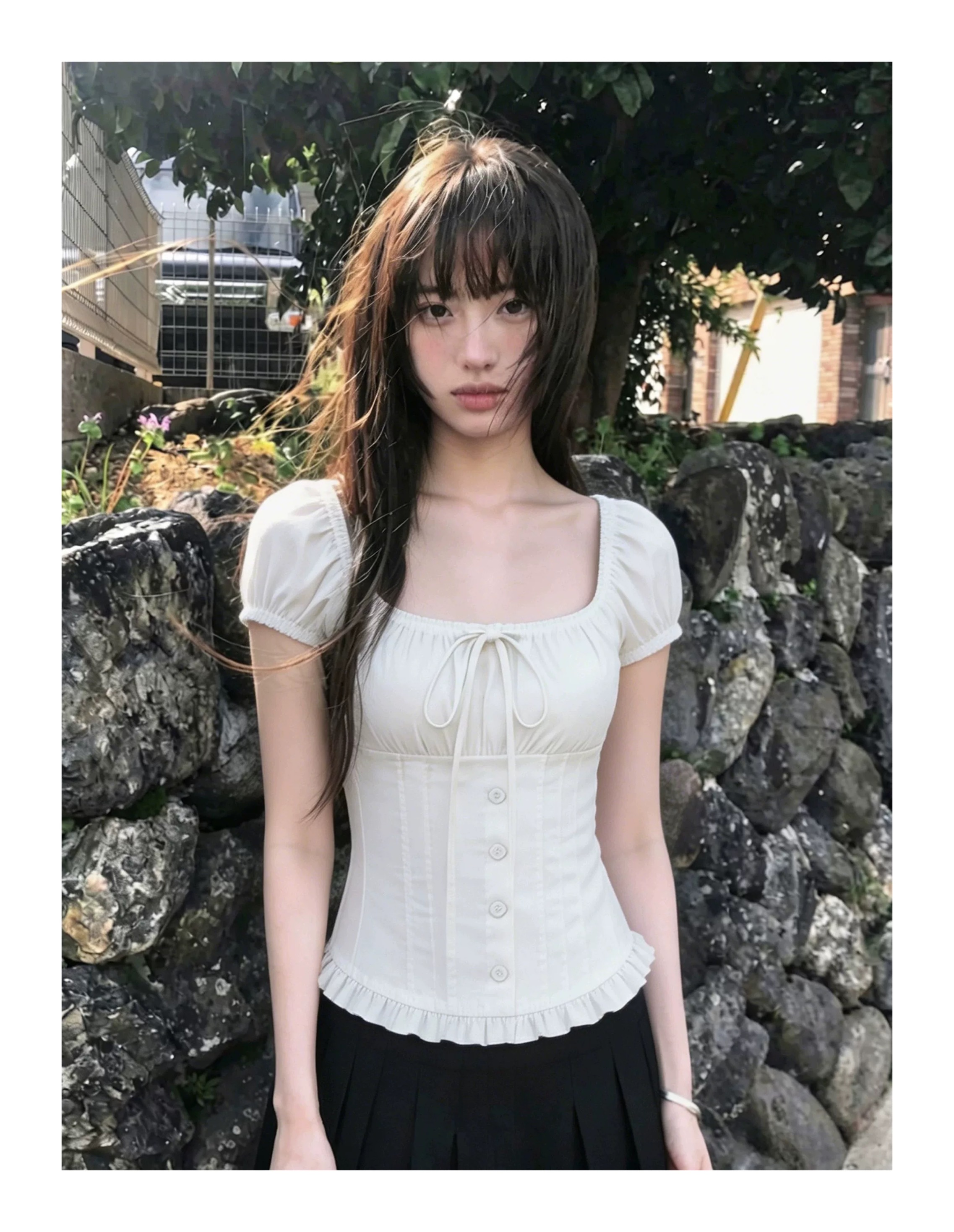 광장 칼라 거품 소매 스트랩 셔츠 맨위 여성