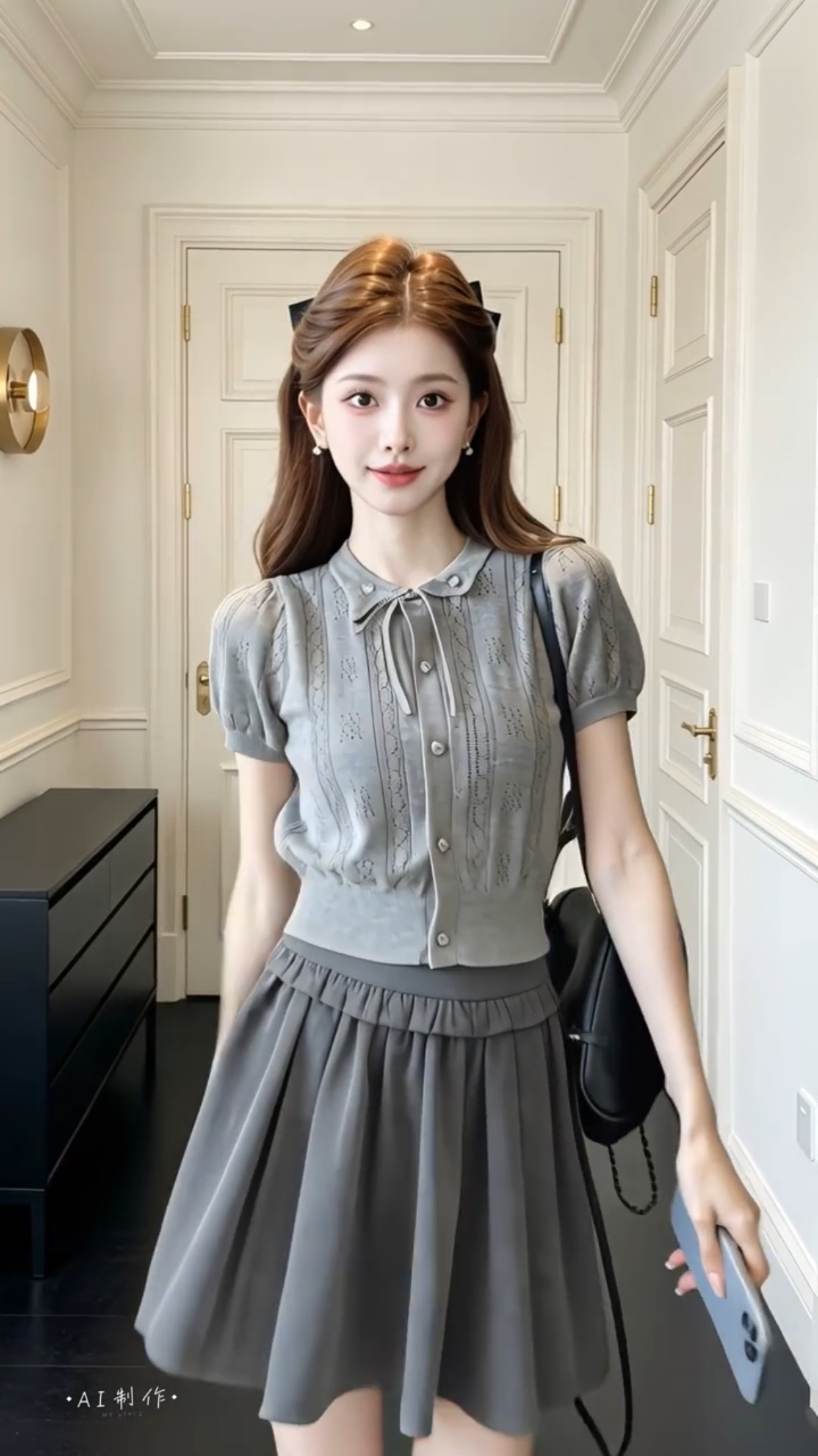 회색 홀로우 아웃 나비 매듭 니트 맨위 여성