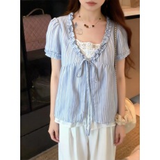 批发木耳边系带<b class='q'>假两件</b><b class='q'>衬衫</b>上衣女