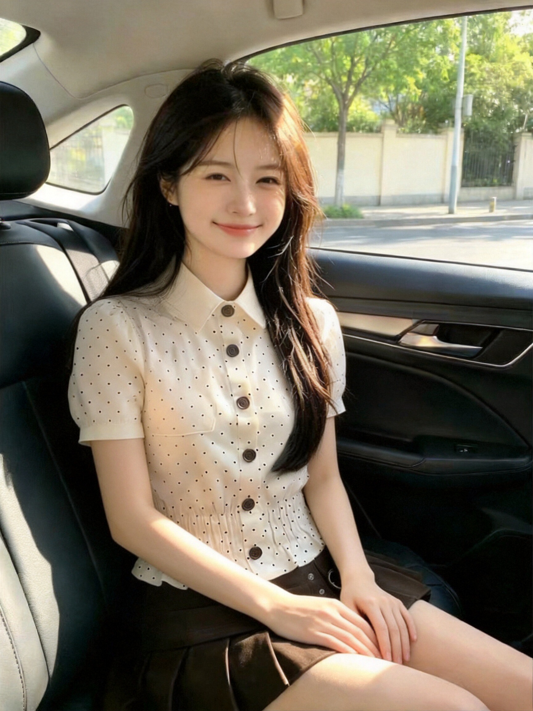 도트 무늬 폴로 칼라 거품 소매 셔츠 맨위 여성