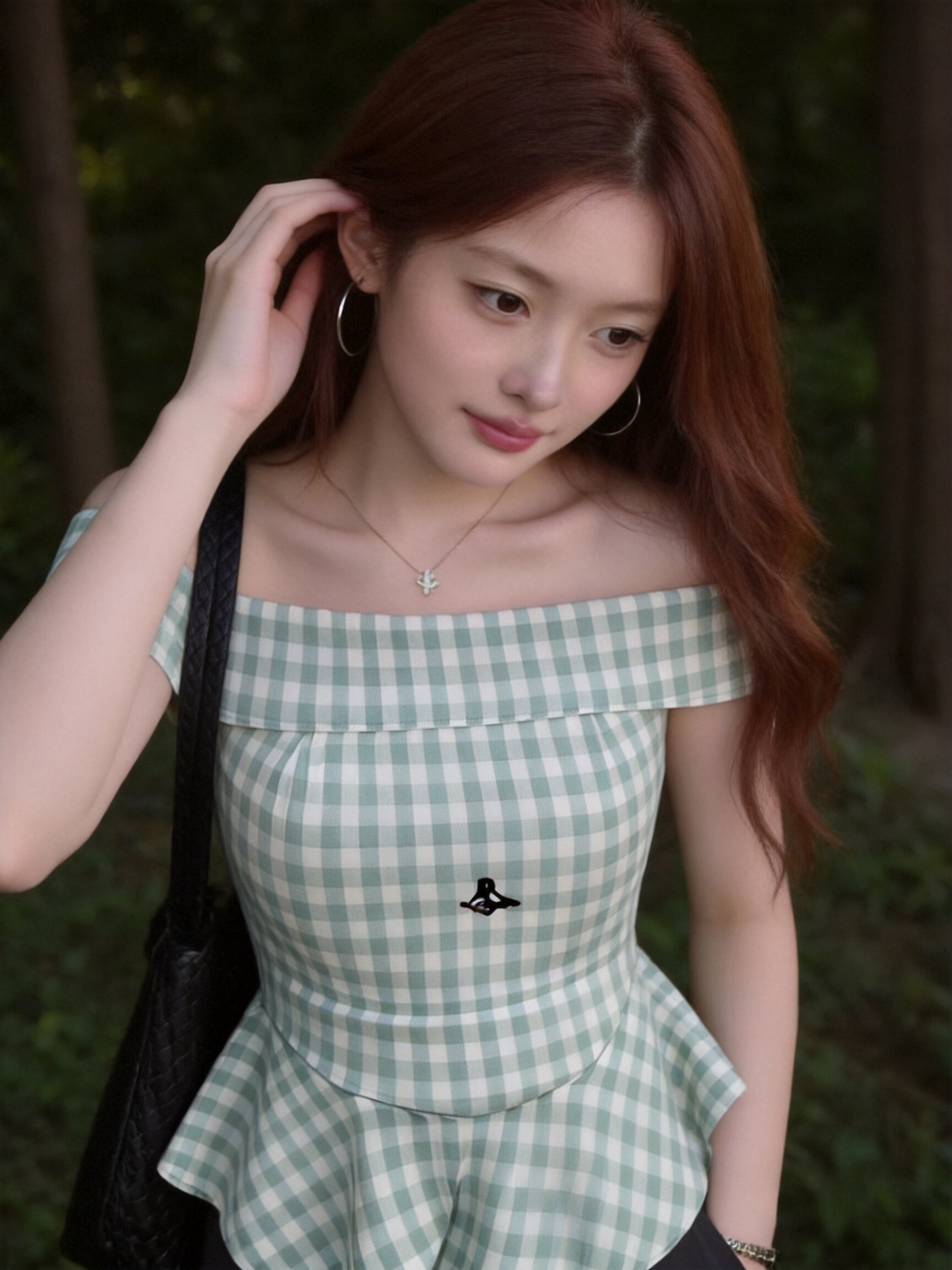 자수 오프숄더 그리드 애버딘 셔츠 맨위 여성