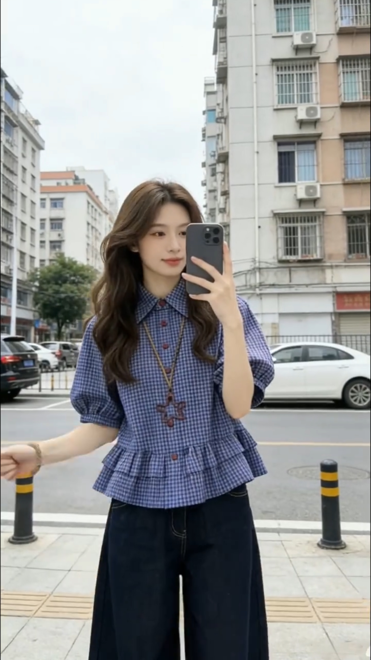 파란색 프릴 격자 무늬 셔츠 맨위 여성