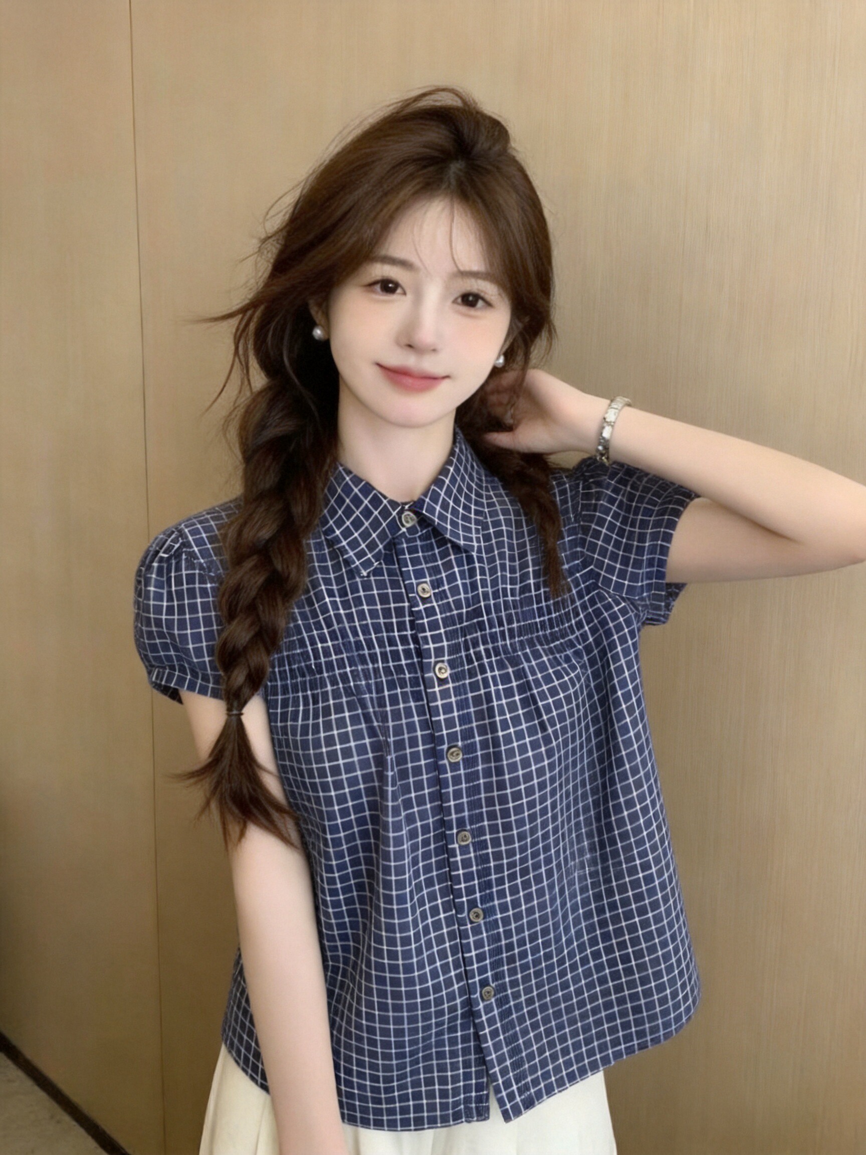 체크무늬 거품 소매 셔츠 맨위 여성