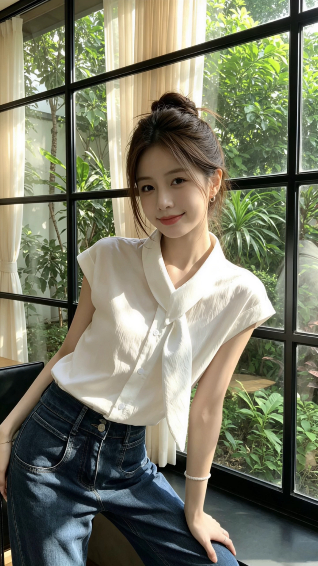 작은 날다 소매 리본 셔츠 맨위 여성