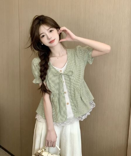 페이크 레이어드 레이스 레이스 격자 무늬 셔츠 맨위 여성