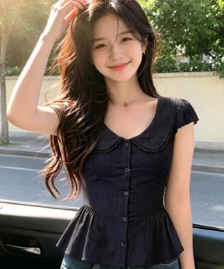 베이비 칼라 거품 소매 셔츠 맨위 여성