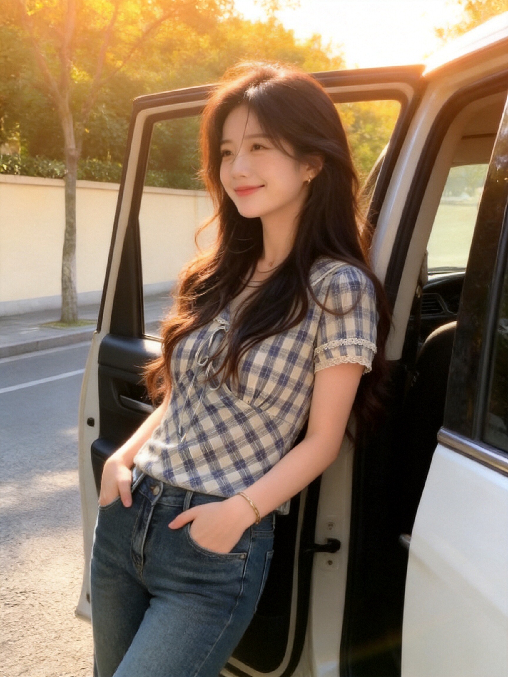 해군 칼라 체크무늬 셔츠 맨위 여성