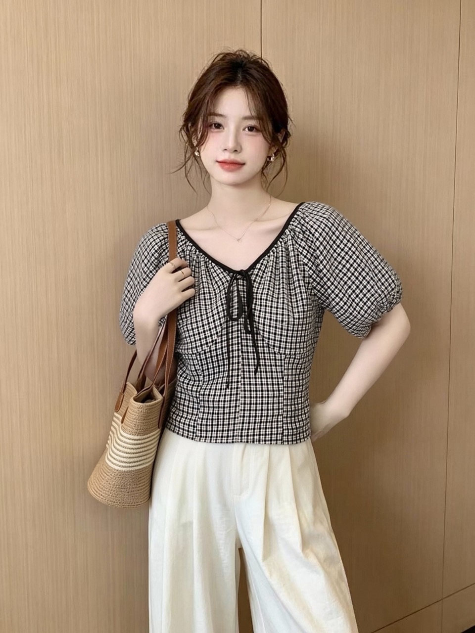 체크무늬 측면 지퍼 쇼트 스타일 셔츠 맨위 여성