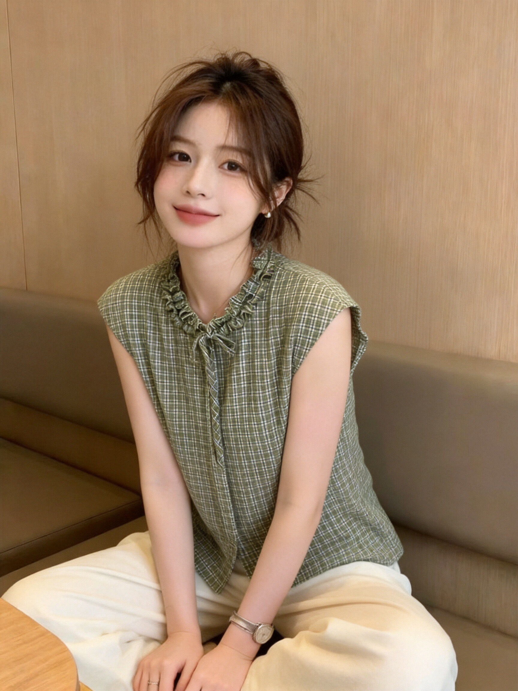 프릴 체크무늬 셔츠 맨위 여성