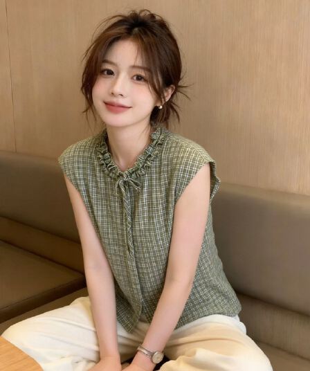 프릴 체크무늬 셔츠 맨위 여성