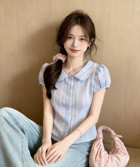 베이비 칼라 거품 소매 셔츠 맨위 여성
