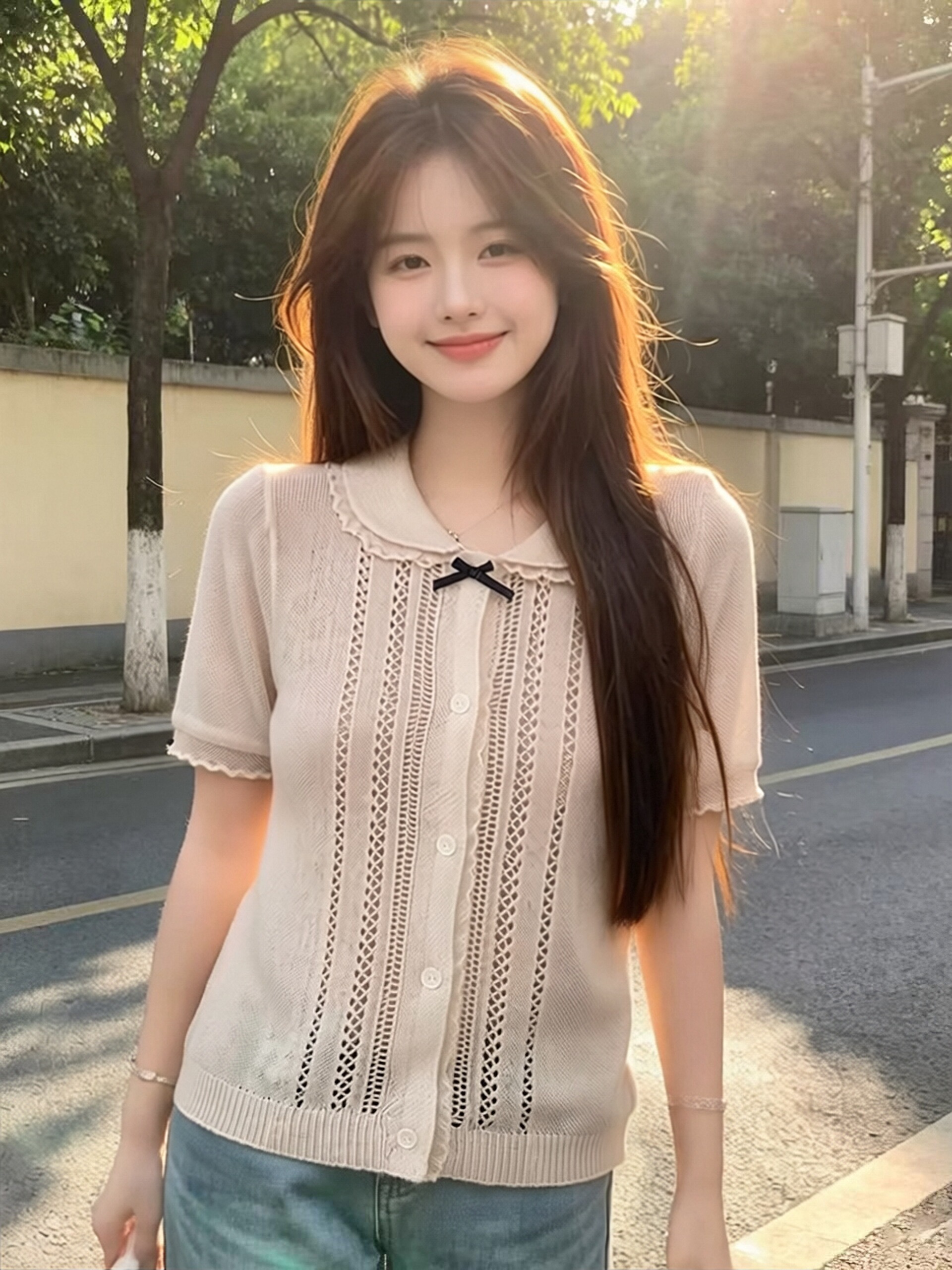 홀로우 아웃 레이스 베이비 칼라 니트 맨위 여성