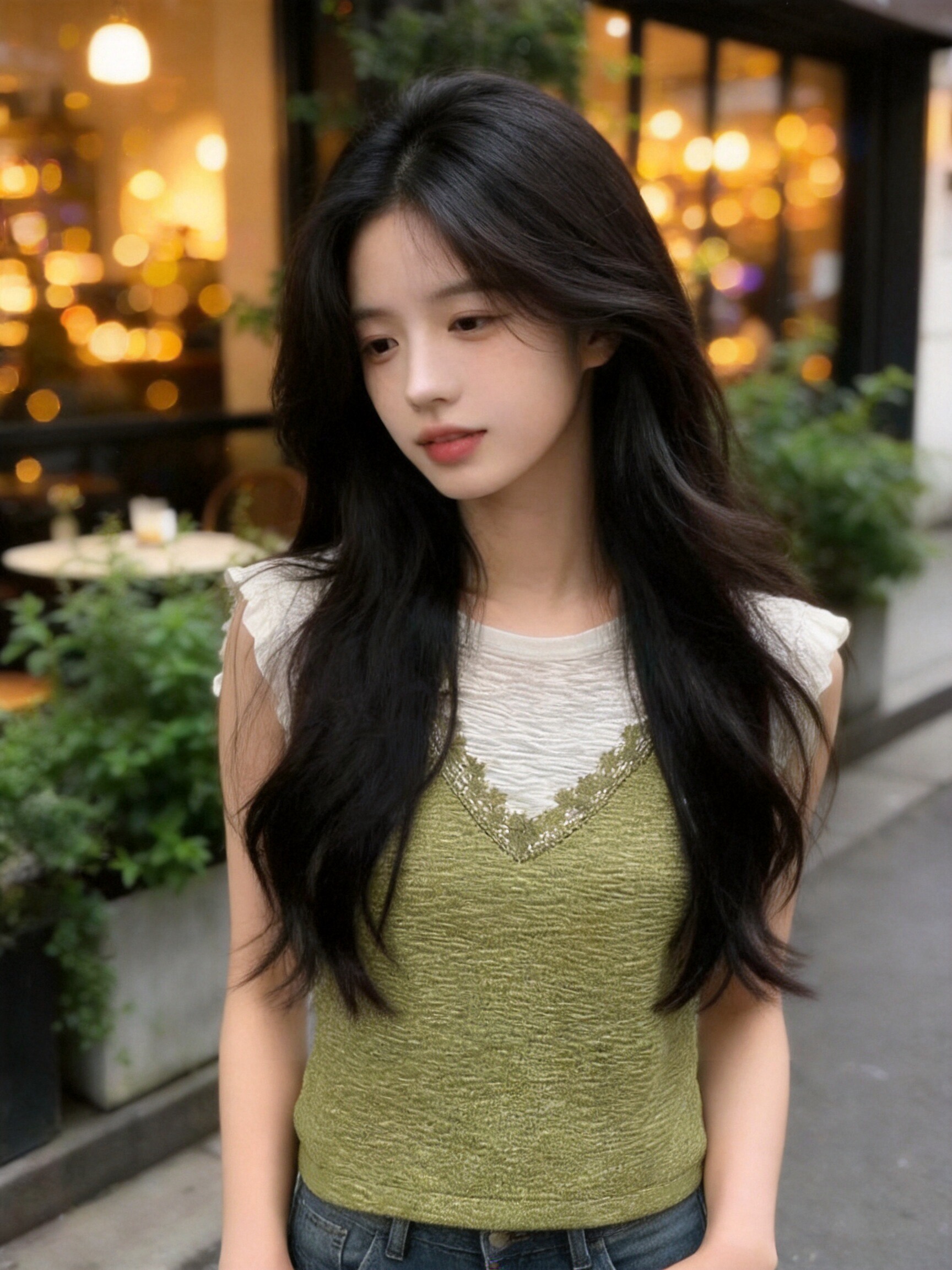 레이스 슬립 페이크 레이어드 니트 맨위 여성