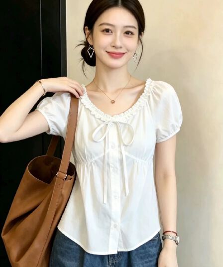 프릴 레이스업 인형 셔츠 셔츠 맨위 여성