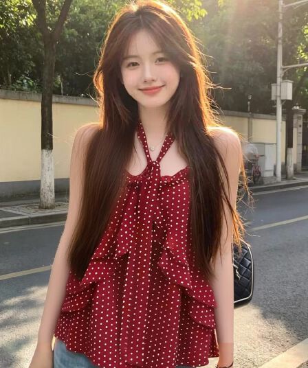 빨간색 도트 무늬 프릴 슬립 맨위 여성